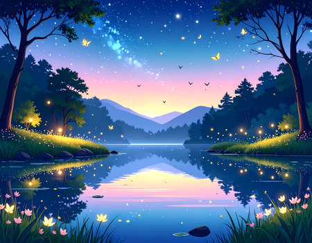 Magical twilight landscape with glowing firefly over calm lake. Starry night sky reflection on water with serene forest and mountainの素材