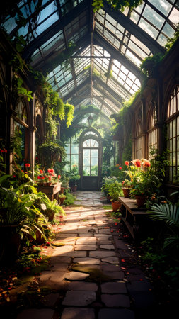 Tranquil conservatory greenhouse with lush green plant and flower. Sunlight illuminates stone path an indoor garden creating peaceful settingの素材