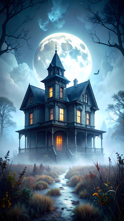 Spooky haunted gothic house at night under full moon. Eerie fantasy mystery landscape with creepy building, fog, and light from windowsの素材