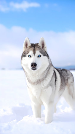Alert siberian husky dog with beautiful blue eye in cold winter snow. An outdoor portrait of purebred animal looking at cameraの素材