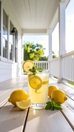 Refreshing summer lemonade drink with ice, fresh lemon, and mint. cool, homemade beverage in glass on an outdoor porch for relaxationの素材