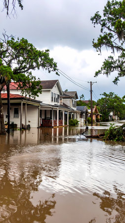 Somber scene of flooded residential street after storm disaster. submerged house and car sit in muddy flood water showing climate damageの素材