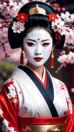 Serene Japanese geisha in traditional red kimono with white makeup and floral hair ornament posing under blooming cherry blossom treeの素材