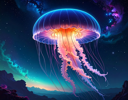 Wondrous bioluminescent jellyfish glowing in fantasy space galaxy. This vibrant, surreal art depicts magical creature floating in nebulaの素材