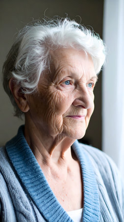 Pensive senior woman face looking out window at home. thoughtful portrait of beautiful elderly grandmother with white hair and blue eyeの素材