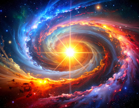 Awe inspiring colorful spiral galaxy in deep space. majestic abstract view of cosmos with bright star and nebula light in universeの素材
