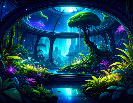 Serene fantasy biodome with lush garden and magical futuristic waterfall. tranquil view of science fiction landscape creating peaceful moodの素材