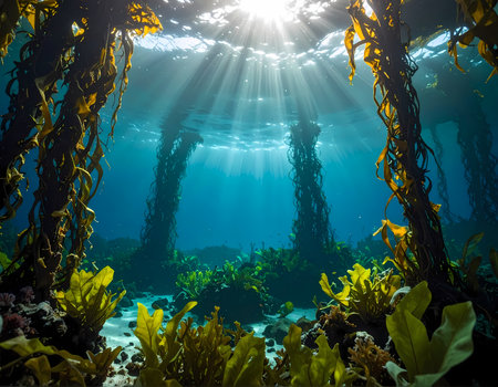Serene underwater kelp forest in deep blue ocean. Beautiful sunlight and light rays filter through calm sea water in this nature sceneの素材