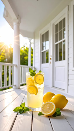 Refreshing summer lemonade drink with lemon fruit, mint, and ice in glass. cool beverage sits on white wood porch in sunlightの素材
