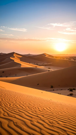 Peaceful orange desert landscape with vast sand dune at sunset. beautiful and serene nature scene with sun low on scenic horizonの素材