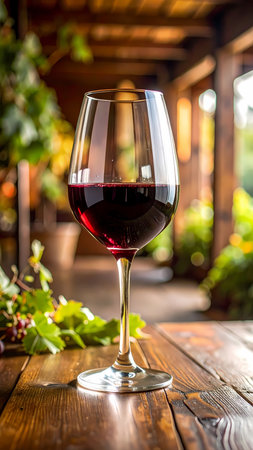 Single relaxing glass of red wine sits on rustic wooden table at an outdoor patio, evoking serene vineyard tasting experienceの素材