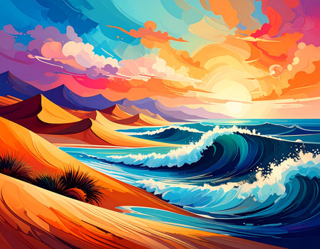 Serene illustration of colorful sunset sky over an ocean coast. Dramatic landscape shows sand dune and big wave washing onto shoreの素材