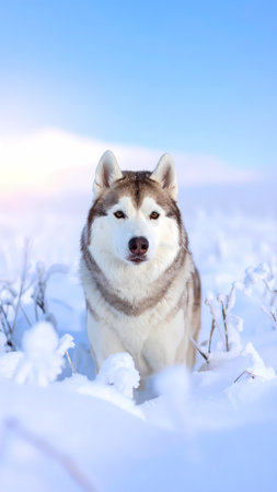 Happy siberian husky dog posing for portrait in deep winter snow. This beautiful outdoor pet animal enjoys cold on sunny dayの素材
