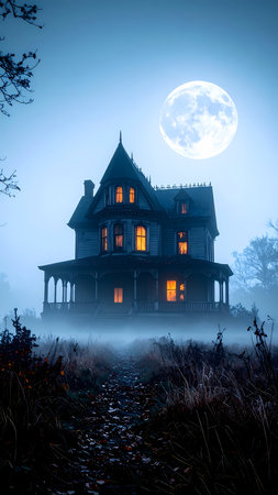 Spooky victorian haunted house on scary, mysterious night. Light glows through fog under full moon for perfect halloween settingの素材