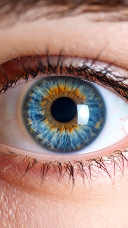 Watchful macro close up of human eye. blue and brown iris shows amazing detail of sight and vision. beautiful human organの素材