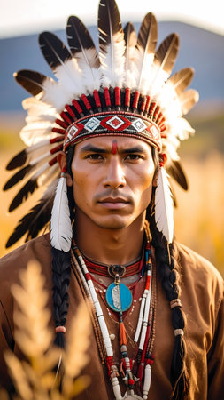 Proud indigenous man portrait in traditional feather headdress. serious warrior representing culture, heritage and strength outdoorsの素材
