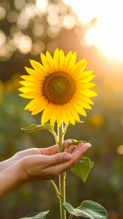 Gentle human hand holding yellow sunflower with care in field at sunset. beautiful flower plant shows growth and connection to natureの素材