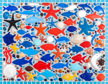 Joyful colorful sea life mosaic background pattern with fish, starfish, and seashell. creative marine animal collage with tile and stoneの素材