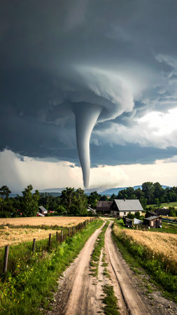 Dangerous tornado storm forms over rural countryside landscape. powerful funnel cloud looms above farm, dramatic display of weatherの素材