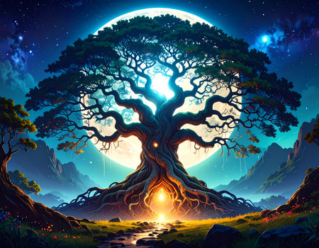 Magical glowing tree of life under fantasy night sky with full moon. This sacred, ancient tree radiates spiritual power and energyの素材