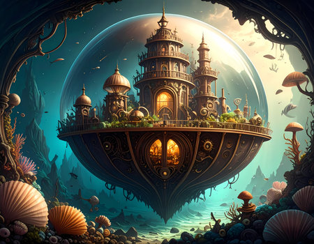 Wondrous underwater fantasy city inside bubble with magical castle architecture. surreal landscape with coral reef and glowing mushroomの素材
