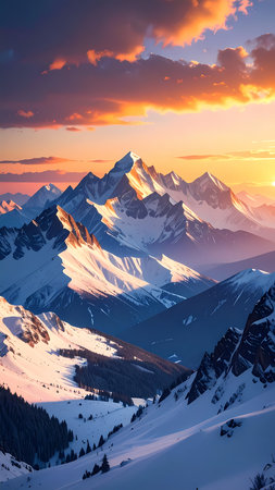 Majestic serene mountain peak covered in snow during beautiful sunset. stunning nature landscape with colorful sky and dramatic cloudの素材