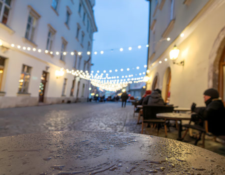 A romantic blurred city street view at night with outdoor cafe and people. cozy urban background of wet evening with string light in europeの素材