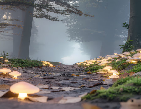 A magical glowing mushroom path in mysterious fantasy forest with fog and soft light. serene and enchanted scene for fairytale journeyの素材