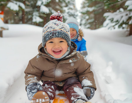 A happy asian child boy sledding in snow expresses winter fun. joyful kid smiling outdoors in snowy forest on cold day vacationの素材