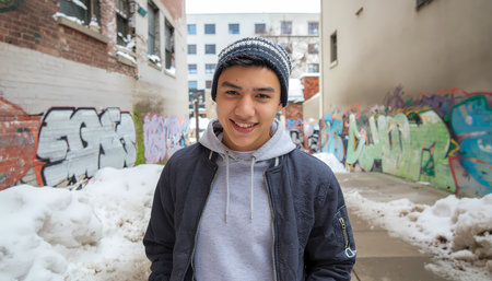 A happy young man smiling for portrait in snowy urban alley. cheerful teenager standing by graffiti wall during cold winter dayの素材