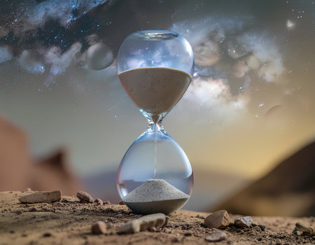 A surreal hourglass with sand passing, concept of time against vast space universe background. feeling contemplative and mysteriousの素材
