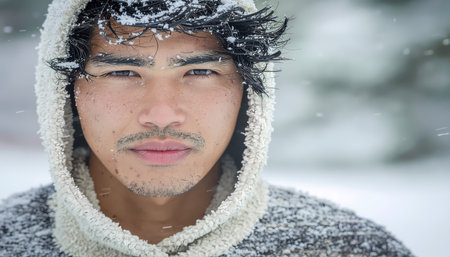 A serious young man in hoodie gazes forward in cold winter snow. quiet outdoor portrait capturing pensive face and moodの素材