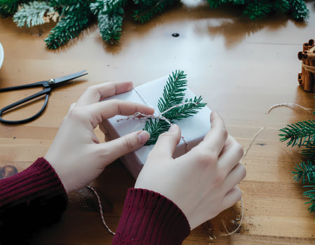A woman hand joyful wrapping christmas holiday gift with festive decoration. handmade present preparation on rustic wooden table with careの素材