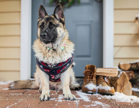 A calm german shepherd dog in festive sweater sits on snowy porch in winter beside boot and firewood, looking at cameraの素材