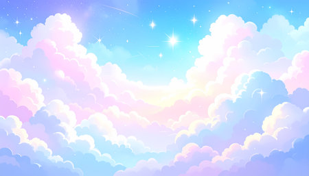 A dreamy pastel sky background with fluffy pink and blue cloud. this magical serene heaven with sparkling star perfect for fantasy or animeの素材