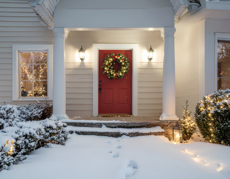 A welcoming home front door with christmas decoration wreath in winter snow. cozy evening scene with festive holiday light outside houseの素材
