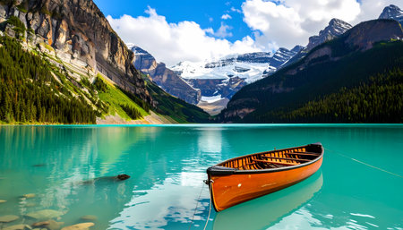 A serene orange canoe on calm turquoise lake. beautiful mountain landscape showing an iconic travel destination and canadian nature viewの素材