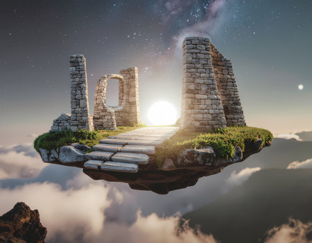 A magical fantasy floating island with ancient ruin gateway. path leads to bright light in sky of cloud and star, mystical journeyの素材