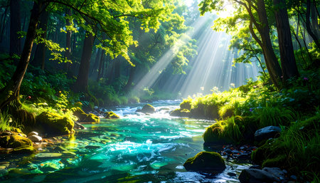 A beautiful tranquil green forest river with sunlight streaming through trees. serene nature scene with sunbeam and light on clear waterの素材