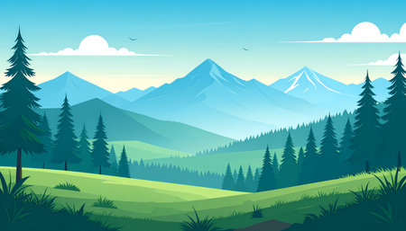 A peaceful mountain valley landscape with forest of green trees. scenic nature background illustration for outdoor adventure and travel conceptsの素材