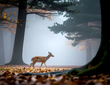 A serene young deer walking through tranquil, foggy autumn forest. peaceful wildlife animal in mysterious, misty nature sceneの素材