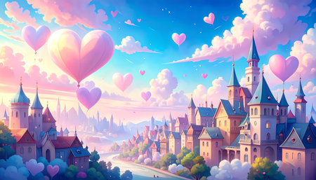 A romantic fantasy castle city with pink heart balloon floating in dreamy sky. magical and joyful landscape filled with love and wonderの素材
