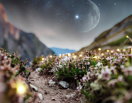 A magical fantasy landscape at night with serene glowing flower field. moon and star shine in sky above beautiful mountain valleyの素材