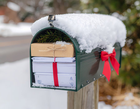 A festive green mailbox full of mail, letter, and parcel in winter snow. red bow adds holiday cheer, waiting for delivery and communicationの素材