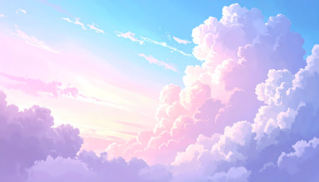 A serene pink and blue sky with dreamy fluffy clouds at sunrise. beautiful pastel background illustration with soft, peaceful, calming lightの素材
