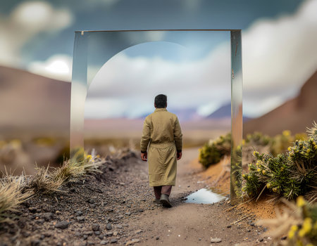A conceptual journey of lone person walking path in surreal desert landscape. glass portal offers new perspective with quiet solitudeの素材