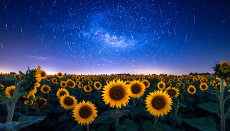 A beautiful field of sunflowers at night under magical sky filled with milky way galaxy and countless shining stars, serene landscapeの素材