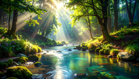 A tranquil forest with river and bright sunlight. beautiful nature landscape with green tree, flowing water, sunbeam, and serene streamの素材