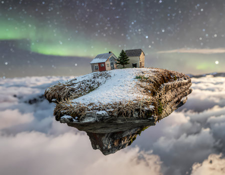A magical floating island with snowy house under starry night sky with an aurora above cloud sea creates peaceful, dreamlike fantasy sceneの素材
