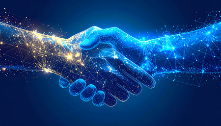 A digital handshake with plexus network connection shows futuristic business agreement. concept of partnership, collaboration, and trustの素材